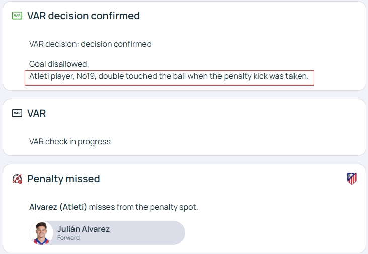 官方明確！歐冠官網(wǎng)：阿爾瓦雷斯罰點(diǎn)時(shí)2次觸球，VAR決定進(jìn)球無效